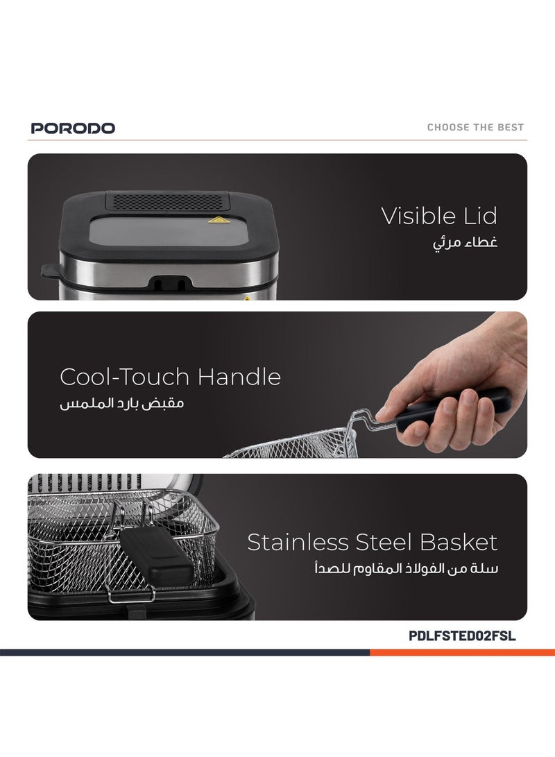 بورودو مقلاة كهربائية لايف ستايل سعة 2.5 لتر بقوة 1200 واط مع درجة حرارة قابلة للتعديل، سلة قلي قابلة للغسل، مقبض بارد الملمس، غطاء قابل للإزالة، صينية ووعاء غير لاصقين، نظام تهوية متطور، مصنوعة من الفولاذ المقاوم للصدأ، تحكم دقيق في الطهي، قوة قلي ذكية، مؤشر ضوئي - فضي - Image 4